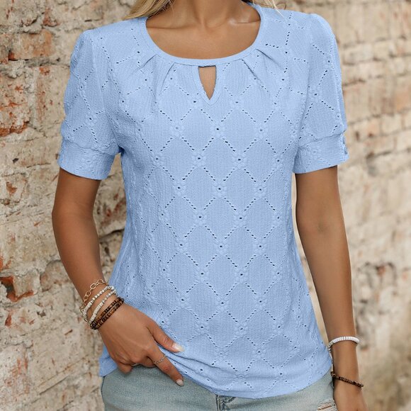 Women's solid color round neck hollow top - Picture 2 of 5